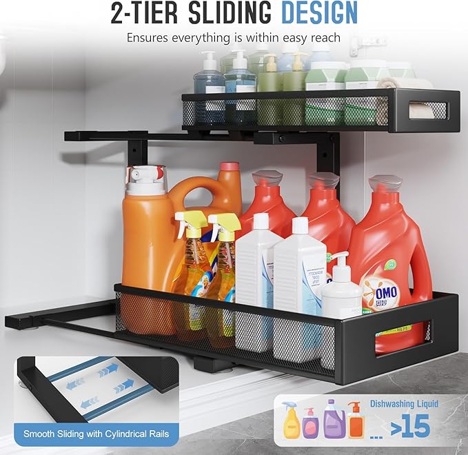 2 Pack 17IN Depth Under Sink Storage Organizer, Large 2-Tier Elegant Mesh Pull Out Shelf for Kitchen and Bathroom Cabinet Organization, L-Shaped and Adjustable Height Design-Black-NeatNest