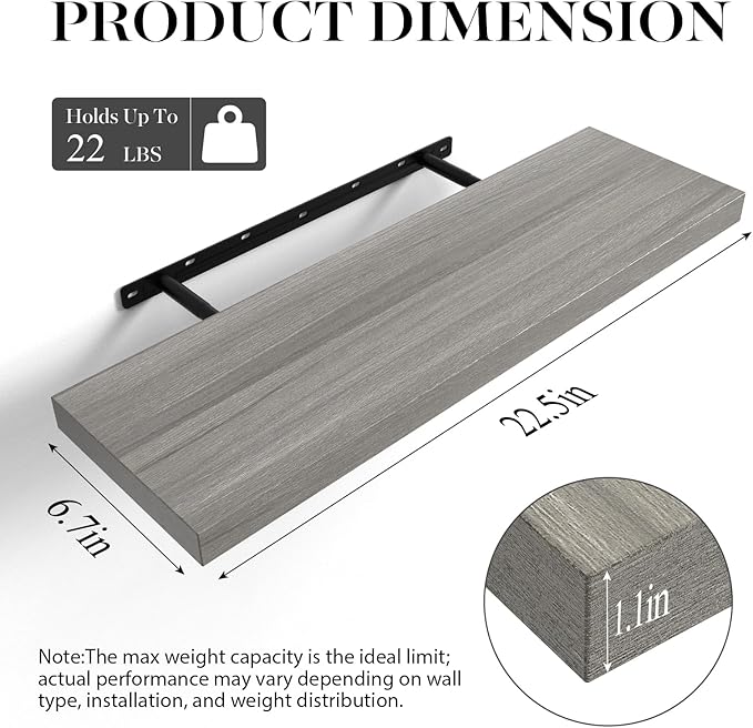 BAYKA Floating Shelves for Wall, 22.5 inches Wall Mounted Rustic Wood Shelves for Bathroom, Bedroom, Living Room, Floating Shelves for Books/Storage/Decor (Grey,Set of 3)-NeatNest