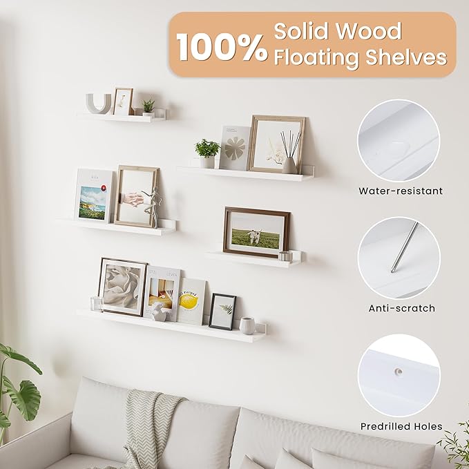 Floating Shelves for Wall, 36 inch Solid Wood Picture Ledge Shelf, Picture Shelf for Wall with Ledge, Floating Book Shelves for Living Room Bedroom Kitchen Nursery Decor, White, Set of 2