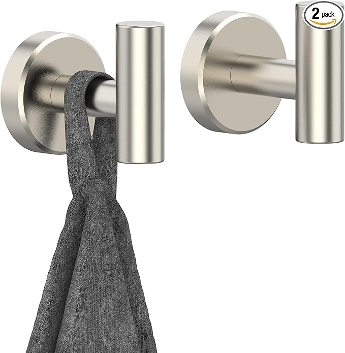 Brushed Nickel Towel Hook, Coat Robe Clothes Hook for Kitchen Garage Wall Mounted 2 Pack, 304 Stainless Steel, Heavy Duty Door Hanger, Cabinet Closet Wall Hook for Hotel Pool(Brushed Nickel)