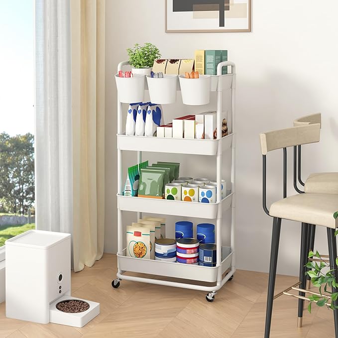 JIUYOTREE 4-Tier Plastic Rolling Storage Cart Utility Cart with Extra Hanging Cups Handles Lockable Wheels for Living Room Bathroom Kitchen Office White-NeatNest