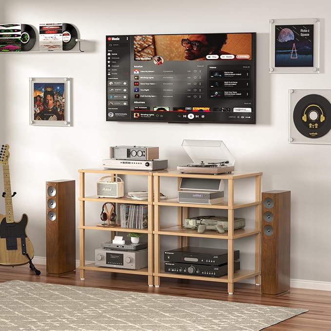 4-Tier AV Media Player Stand, Natural Stereo Cabinet, Modern Audio Shelf, Wooden TV Stand,Game Console Shelf, Multifunctional Entertainment Center, Suitable for Home, Conference Room, Game Studio-NeatNest