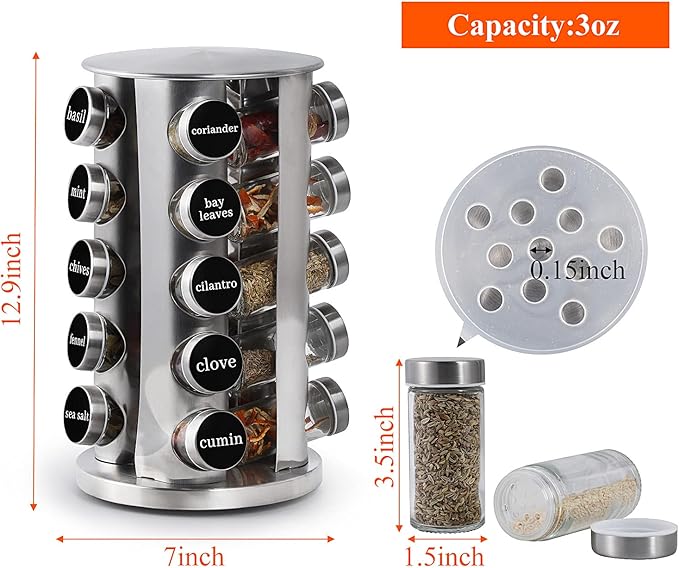 DOUBLE 2 C Revolving Spice Rack with 20 Jars, Rotating Spice Rack Organizer, Seasoning Organizer with Labels, Stainless Steel Spice Carousel for Kitchen Countertop, Cabinet-NeatNest
