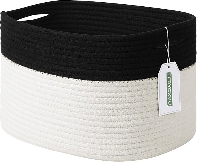 Cotton Rope Storage Basket, 15x10x9 Inches, Woven Basket for Shelves, Clothes, Toys, Towels, Books, and Laundry, Durable and Stylish, Black/ White (1 Pack)-NeatNest