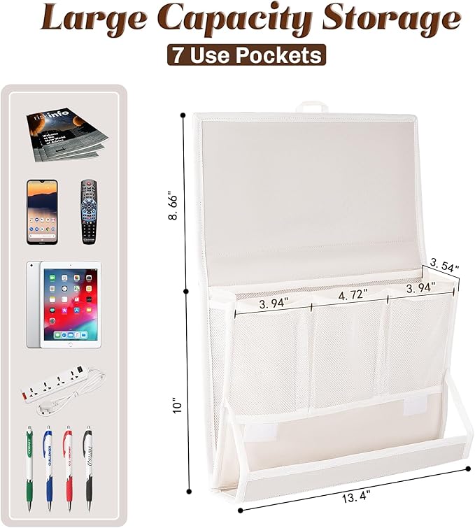 Bedside Caddy Bedside Storage Organizer Bedside Organizer with Power Strip Holder and 2 Adjustable Straps for Home Bunk Bed College Dorm Sofa (White)-NeatNest