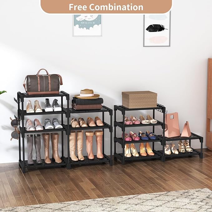 ROJASOP Shoe Rack Organizer, 8-Tier Metal Shoe Rack for Closet Entryway Garage, 26-32 Pairs Tall Shoe Boot Storage Shelf with 15 Hooks, Stackable Large Shoe Stand-NeatNest