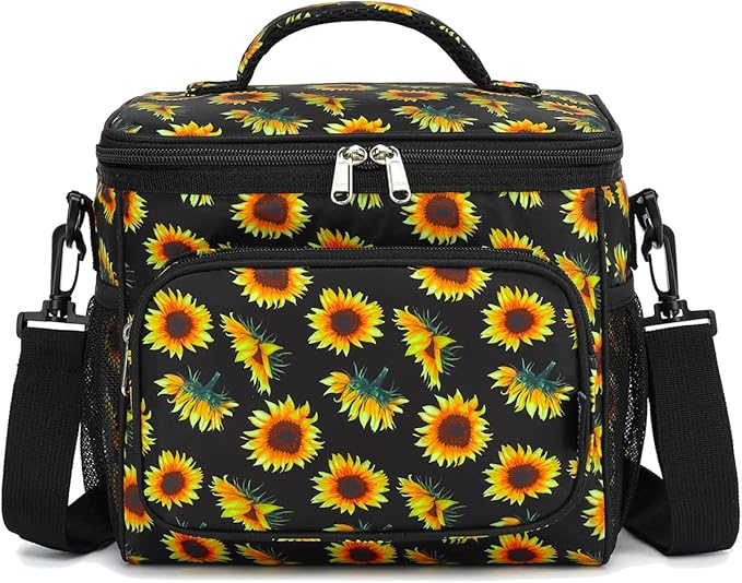 FlowFly Insulated Reusable Lunch Bag Adult Large Lunch Box for Women and Men with Adjustable Shoulder Strap,Front Zipper Pocket and Dual Large Mesh Side Pockets,Sunflower-NeatNest