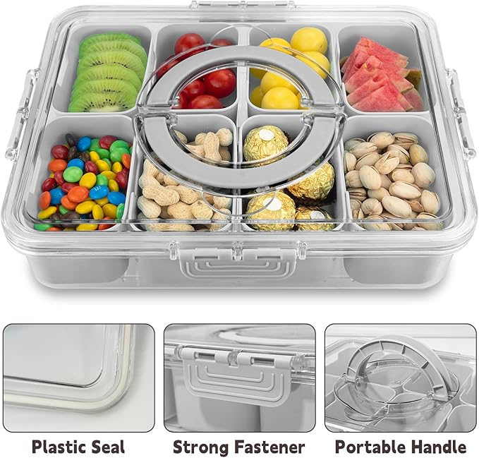 Divided Serving Tray with Lid and Handle,8 Compartments Snacks Box,Snack Fruit and Veggie Tray,Portable Platter for Candy Fruits Nuts Snack Party Entertaining Picnic (2 PCS Grey)-NeatNest