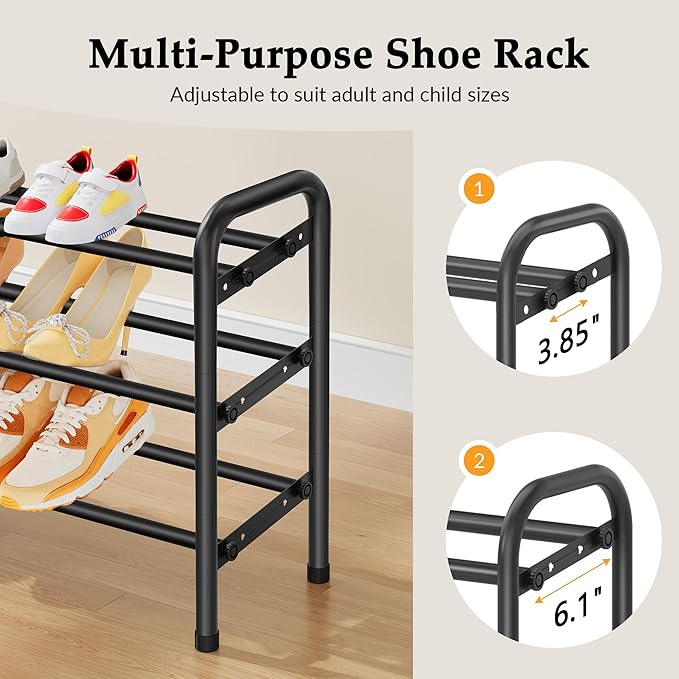 3 Tier Shoe Organizer, Shoe Rack for Closet, 28“ Metal Shelf Can Expandable to 42“, for Bedroom, Entryway, Closet, Garage, Adjustable to 18 Pairs Shoes, Black-NeatNest