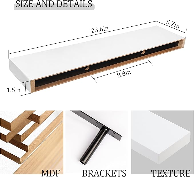 BAMEOS Floating Shelf,Wall Shelf,Decor Wall Mounted Shelves,Hanging Shelf Set L24xW6 for Bathroom Kitchen Living,Kitchen,Room Bedroom Storage,White-NeatNest