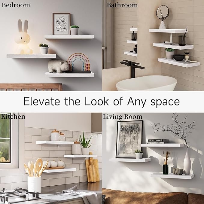 BAYKA Floating Shelves for Wall โ Rustic Wood Wall Shelves with Metal Brackets for Bathroom, Bedroom, Kitchen, or Living Room Decor Organization โ White, Set of 3, Sturdy Storage with 22lb Capacity-NeatNest