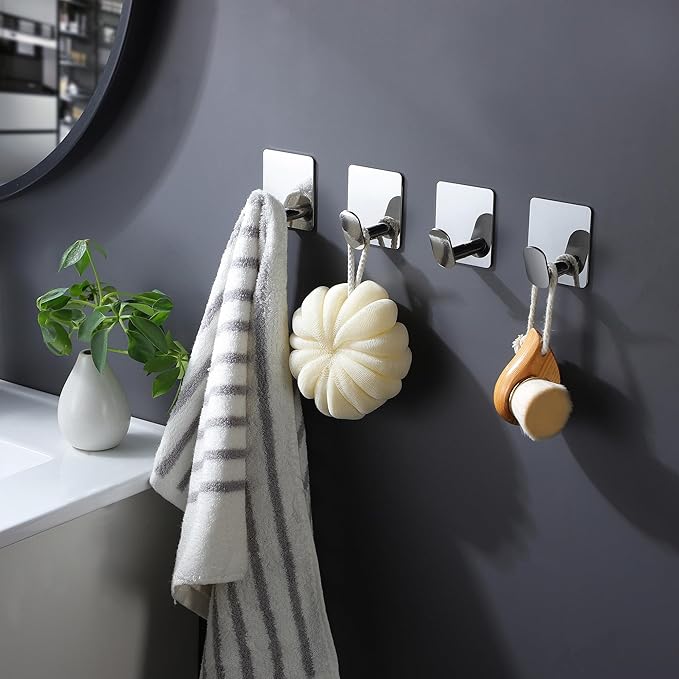 DELITON Towel Hooks for Bathrooms - 4 Pack Wall Hooks for Hanging Heavy Duty Adhesive Command Hooks for Coat Robe, Waterproof Shower Hooks Stainless Steel Mirror, Silver-NeatNest