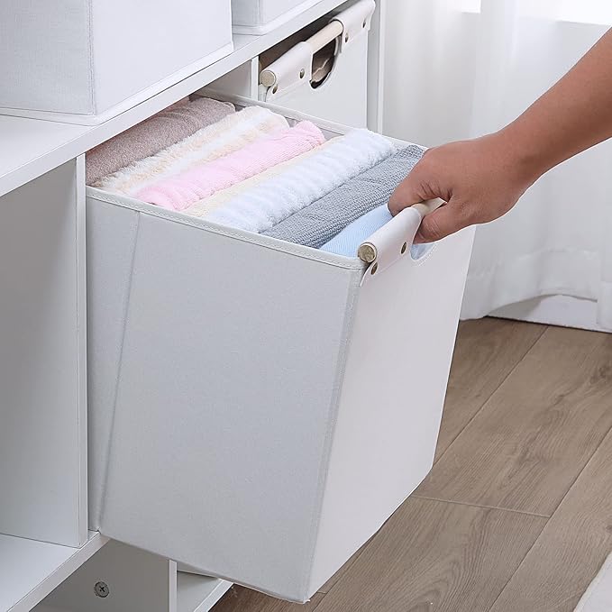 HOONEX Large Collapsible Storage Bins, Linen Fabric, Pack of 2, Storage Baskets with Wooden Carry Handles and Sturdy Heavy Cardboard, for Home, Office, Car, Nursery, White