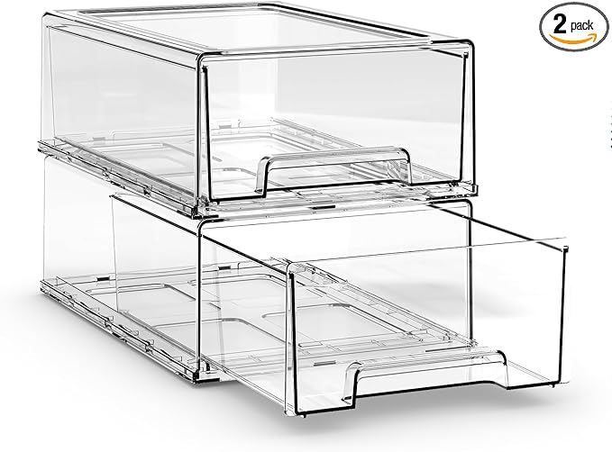 2 Pack Plastic Drawer Storage, Clear Stackable Storage Drawers Large Storage Bins with Drawers, Acrylic Drawer Organizer for Office Supplies, Desktop, Craft, Pantry, Shelves, Bathroom, Under Sink-NeatNest