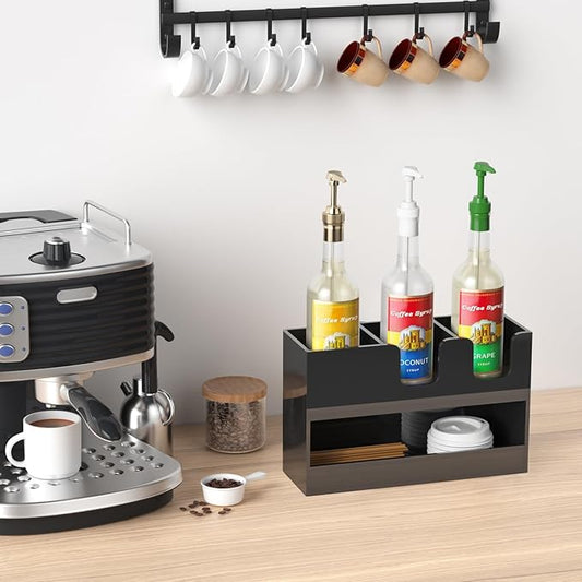 Coffee Condiment and Cup Organizer - 2-Tier Upright Cup and Lid Holder with Straw Organizer 4 Compartments Black Acrylic Cup Dispenser for Restaurant Breakroom Coffee Station Countertop-NeatNest