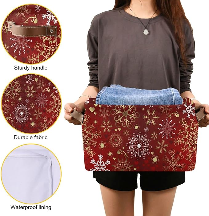 Christmas Red Seamless Pattern with Gold and White Snowflakes Storage Basket,Large Storage Bin Fabric Collapsible Organizer Bag with Handles 15x11x9.5 inch-NeatNest