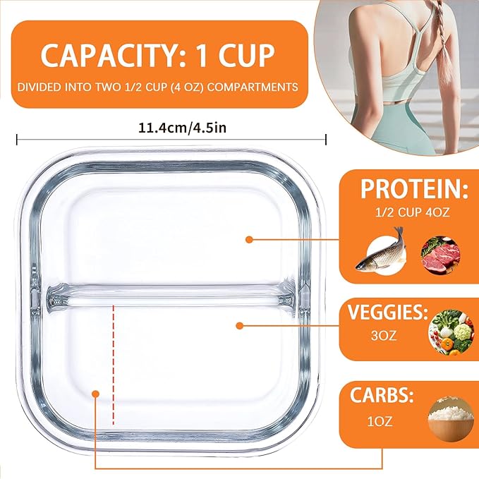 Bariatric Meal Prep Containers, 8 oz Bariatric Portion Control Food Storage Containers with Two 4 oz Compartments (3 Pack), Reusable Glass Snack Containers with BPA Free Airtight Lids
