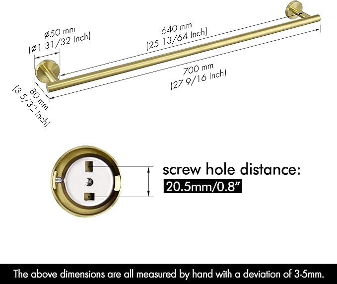 KES 25.2 Inches Towel Bar for Bathroom, Hand Towel Holder, Towel Bar Wall Mount, SUS304 Stainless Steel Brushed Gold, Total Length 27.6 Inch, A2000S70B-BZ