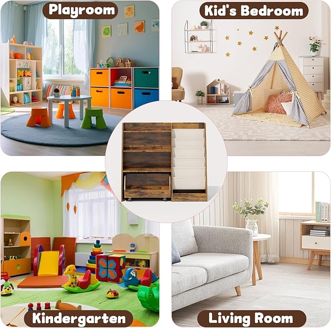 COZPAW Kids Bookshelf and Toy Storage, 4 Tier Toddler Bookshelf with Movable Drawer 5 Sling Pockets, Montessori Book Shelf for Kids Room, Playroom, Nursery (Brown)-NeatNest