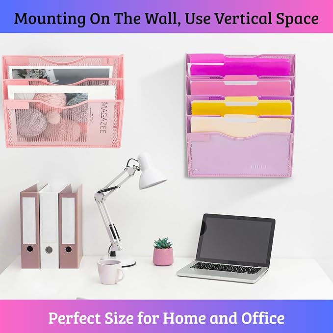 3 Pocket Wall File Holder Organizer, Mesh Hanging Wall Mounted Document Paper Folder Filing Magazine Rack with Nametag Label for Office Home School, 3 Tier Pink