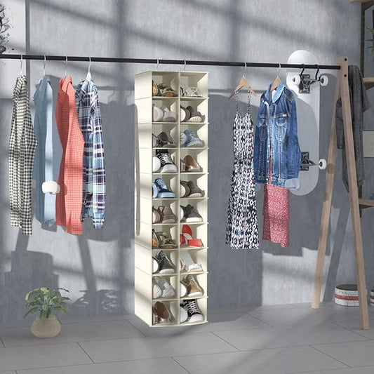 coastal rose Hanging Shoe Organizer for Closet, 20 Sections Hanging Closet Organizers and Storage Shelves, Space Saving Shoe Storage Rack Holder, Beige, 12''W×12''Dx 50''H-NeatNest