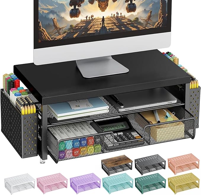 gianotter Wood Monitor Stand Riser, Office Desk Shelf Organizer, Desk Organizer with Drawer and Pen Holder, 2-Tier Computer Stand, Office Organization (Ink)-NeatNest