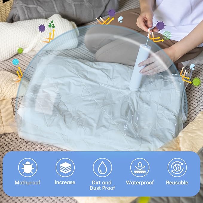10 Jumbo Vacuum Storage Bags, Vacuum Seal Bags for Clothing, Pillows, Comforters, Blankets, Space Saver Bags with Hand Pump