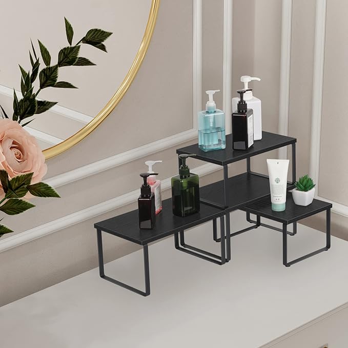 Counter Shelf Organizer Set of 2, Wood Kitchen Cabinet Shelves, Expandable Cabinet Organizer, Stackable Countertop Storage Rack for Bathroom Pantry, Black-NeatNest