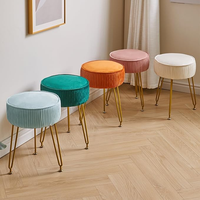 IBUYKE Velvet Round Footrest Stool Ottoman, Makeup Vanity Stool Side Table, Velvet Dressing Table Seat, Pouf Couch Stool, Golden Steel Legs, Blue LG-30H