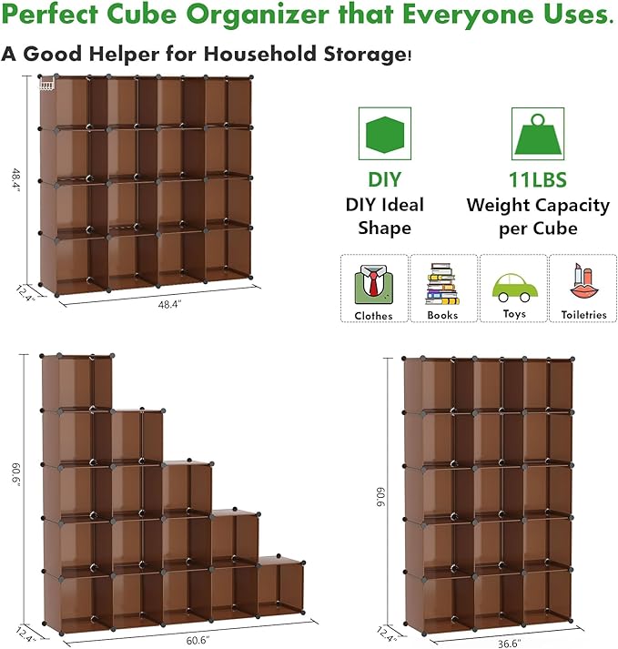 C&AHOME 16-Cube Storage Organizer, Plastic Shelves Units, DIY Closet Organizer, Modular Shelves Ideal for Home, Bedroom, 48.4" L 12.4" W 48.4" H Brown UPCS16C