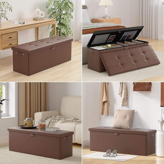 DocSafe Storage Ottoman Bench,Fireproof&Waterproof Folding Bench with Lock(15”x 43”x15”),Leather Storage Chest with Handles&2 Extra Boxes,Ottoman Safe for Bedroom,Living Room,Home Office,Brown-NeatNest