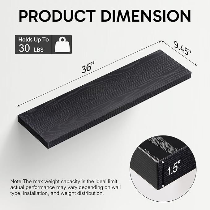 BAYKA Floating Shelves for Wall, 36 inches Long Wall Mounted Rustic Wood Shelves for Bathroom, Bedroom, Living Room, for Books/Storage/Decor with 30lbs Capacity๏ผBlack,Set of 3-NeatNest