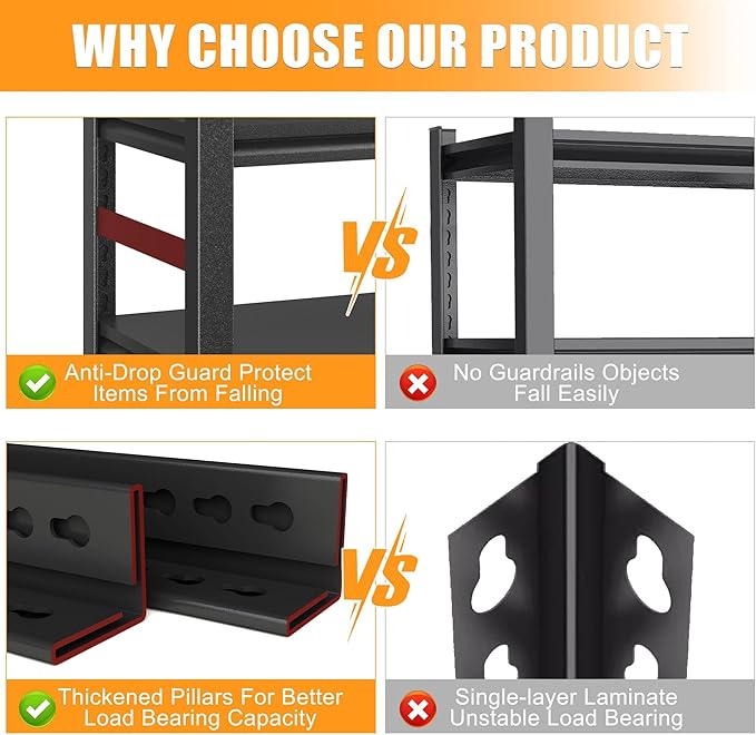 87" H Garage Shelving 3000LBS Capacity Heavy Duty Storage Shelves, Adjustable 5 Tier Metal Industrial Shelf for Kitchen, Utility Room, Warehouse and Basement,24" Dx47 Wx87 H, Black