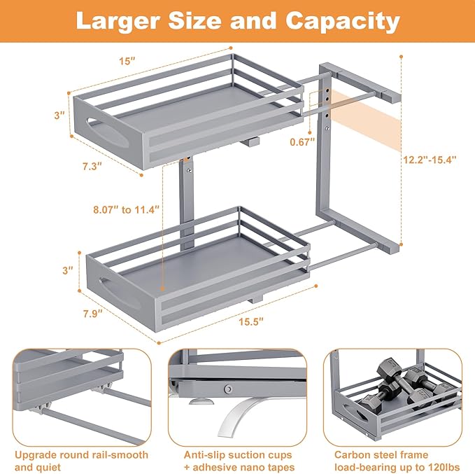 Under Sink Organizer, 2 Tier Under Sink Organizers and Storage, Adjustable Height, Slide Out Metal Cabinet Organizers, Pull Out Cabinet Storage Drawer Shelf for Kitchen Bathroom Gray, 2 Pack-NeatNest