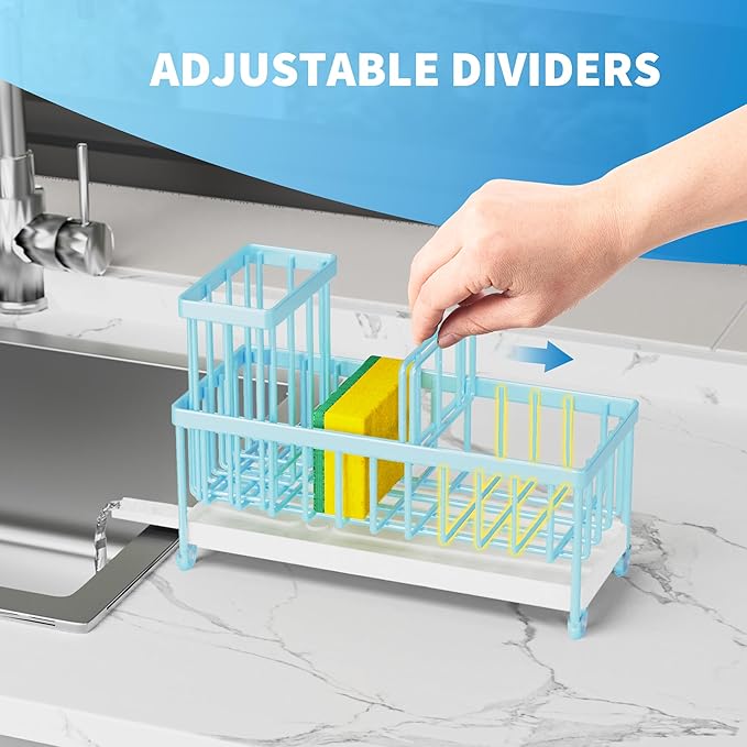 Cisily Blue Sponge Holder for Kitchen Sink, Sink Caddy Organizer with High Brush Holder, Kitchen Countertop Organizers and Storage Essentials, Rustproof 304 Stainless Steel, Soap Dispenser Organize-NeatNest