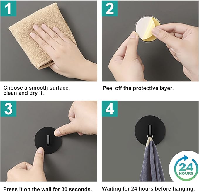 Adhesive Hooks Heavy Duty Stick on Hook Waterproof, Black Round Adhesive Hooks, Removable 304 Stainless Steel Wall Sticky Hooks 4 pcs