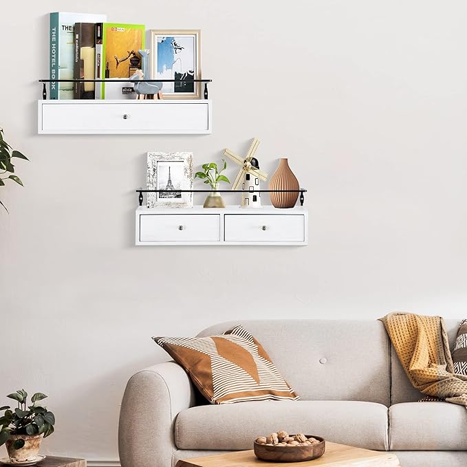 Floating Shelves for Wall Storage, Wall Mounted Bathroom Shelf with Drawers Set of 2, Rustic Wood Wall Shelves for Bedroom, Living Room, Kitchen, Home Decor, Plants, Books-NeatNest