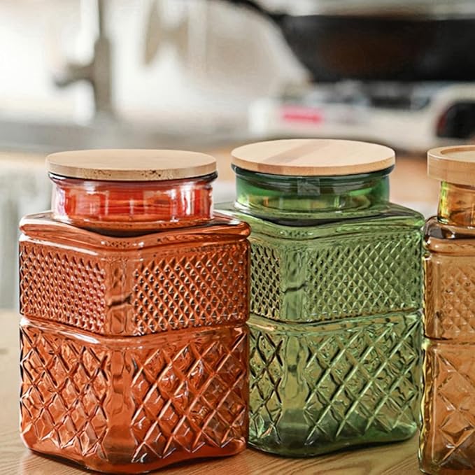 61oz Square Glass Canister, Candy Jar with Lid, Glass Food Storage Container for Ground Coffee, Tea, Sugar, Decorative Mason Jar Cookie Jars (Green)