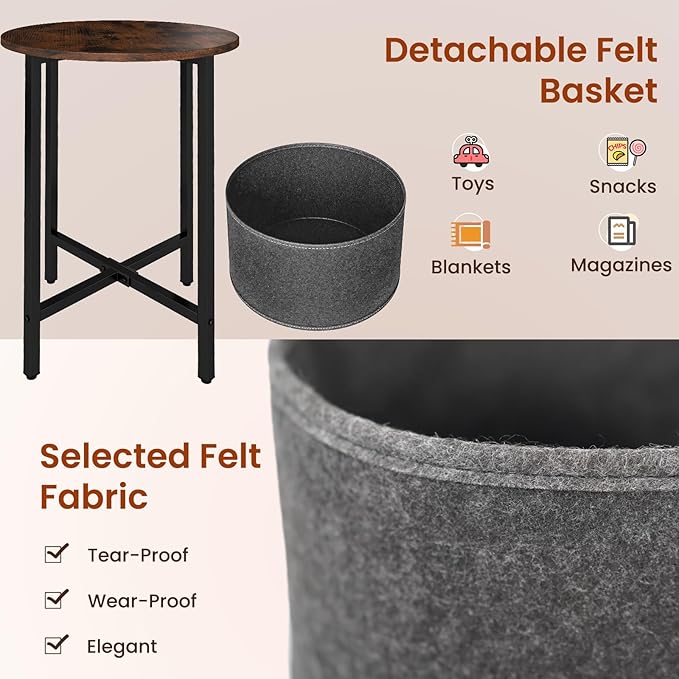 Giantex Round End Table Set of 2, Small Side Tables w/Removable Fabric Basket, Modern Bedside Tables w/Metal Frame, Sofa Couch Accent Tables for Small Space Living Room, Nightstand for Bedroom