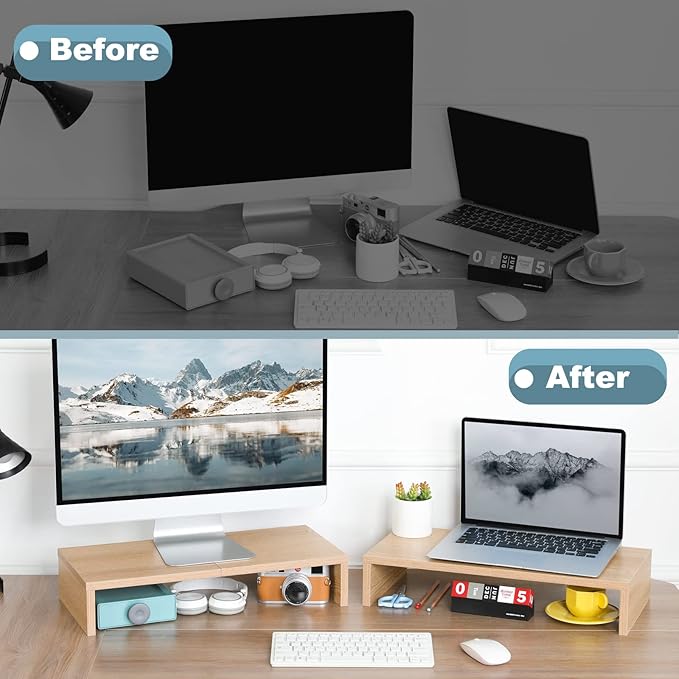 TEAMIX 2 Pack Monitor Stand Riser-20 inch, Wooden Desktop Riser for TV/PC/Laptop/Printer, Cozy Monitor Riser with Storage, Computer Stand Space-Saving-NeatNest