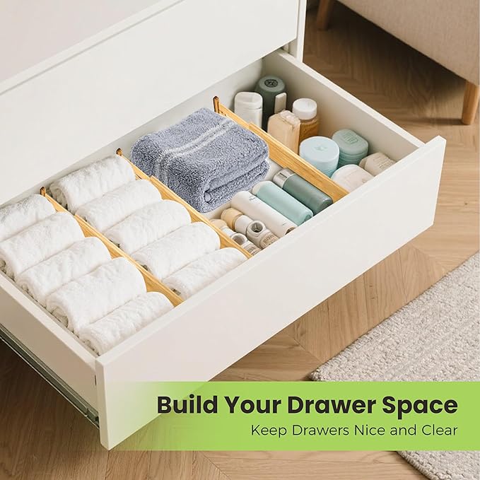 Drawer Divider, Adjustable Bamboo Kitchen Drawer Organizer, Spring Loaded Drawer Organizer, Dresser Separators for Kitchen, Bathroom, Clothes, Office Desk Storage (Natural, 4 Pack Large)-NeatNest