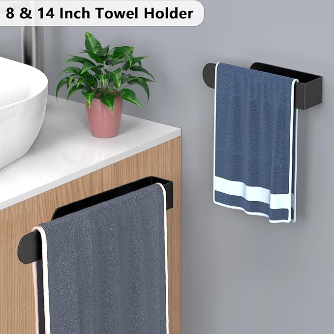 HUFEEOH Adhesive Hand Towel Holder, 8 Inch Sticky Towel and 14 Inch Bar Towel Holder Wall Mounted, Stainless Steel Kitchen Towel Holder Hand Towel Rack for Bahtroom Hotel RV Kitchen (Black 8"&14”)