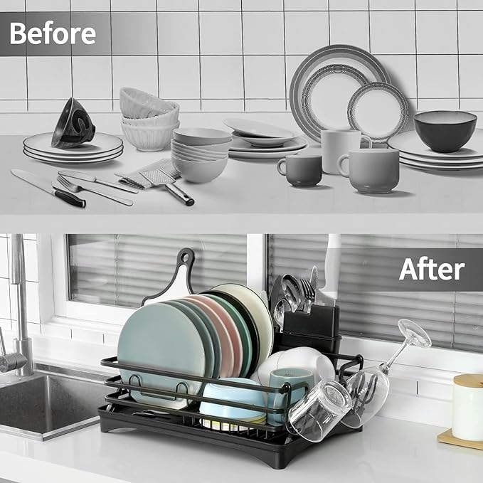 Dish Rack with Drain Board, Rustproof Dish Drying Rack for Kitchen Counter with Removable Utensils Holder, Dish Drainer with 360 Degree Swivel Spout