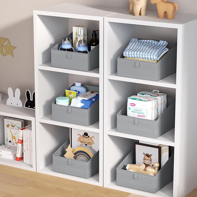 DIMJ Storage Bins for Closet, Trapezoid Storage Bins with Front Handle, Fabric Storage Baskets for Shelves, Line Closet Organizers for Toys, Boooks, Clothes, 6 Packs (Grey)-NeatNest