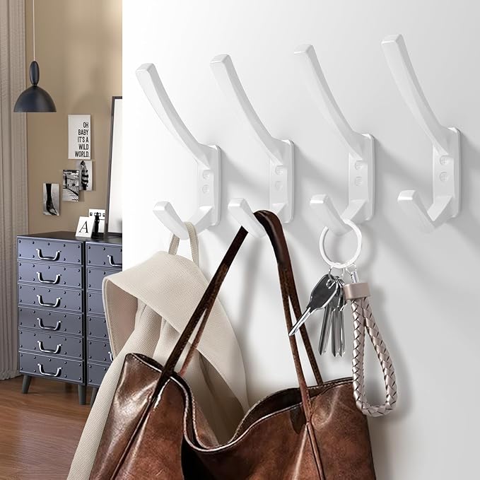 Heavy Duty Wall Hooks, 5.7 Inch Large Coat Hooks, 6 Packs Towel Hooks for Hanging in Bathroom, Bedroom, Entryway, Kitchen, etc (White, 4 Pack)