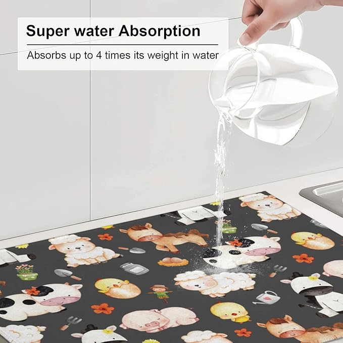 Farm Animal Dish Drying Mat 18 x 24 Inch for Kitchen Counter Cute Kitchen Mat Microfiber Kitchen Countertop Absorbent Reversible Drainer Rack Pad Dish Drying Mat