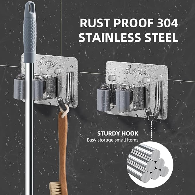 Broom Holder Wall Mount with Screws (4 Pack) Broom and Mop Organizer Wall Hanging, Anti-Slip Mop Holder Broom Hanger with Hooks, Stainless Steel Tool Rack for Garden Garage Organization-NeatNest