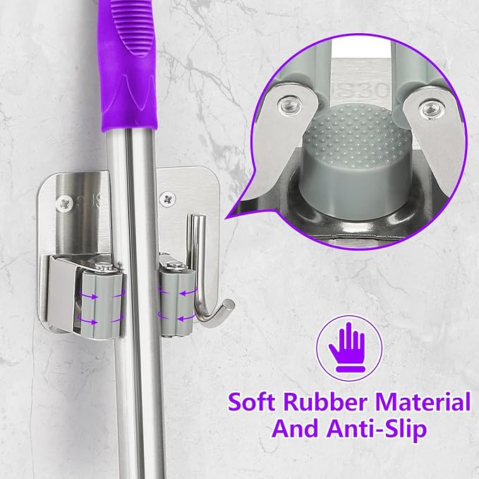 Broom Holder Wall Mount Screw Drilling, Sturdy Heavy Duty Stainless Steel Mop Gripper Rack Perforated, Perfect for Laundry Room Organizer, Fit with Laundry Kitchen Garage Garden Storage System-NeatNest