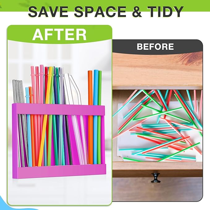 Acrylic Straw Holder for Cabinet Door with Double Sided Adhesive Tape Reusable Straw Organizer Tumbler Storage Kitchen Accessories Container for Counter Cupboard(Classic,Large,Hot Pink)