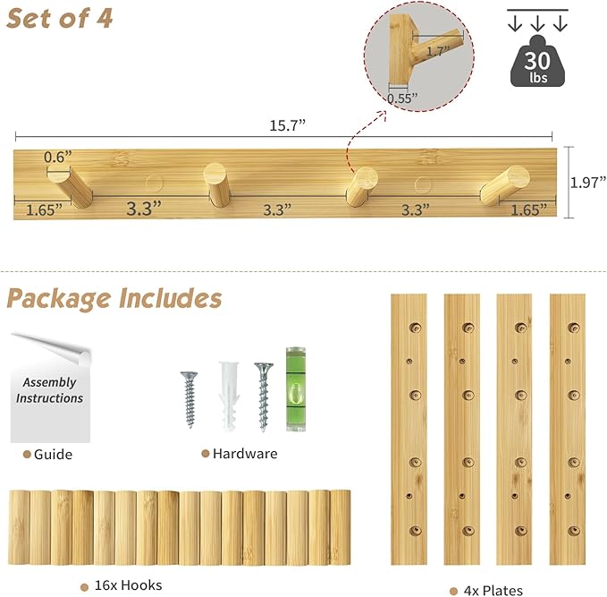 Forbena Natural Wood Coat Rack Wall Mount Set of 4, Wooden Wall Hooks for Bathroom Towels, Vertical Coat Hanger for Kids Room, Boys Girls Bedroom, Office, Entryway Keys Hats and Shoes -16 Hooks